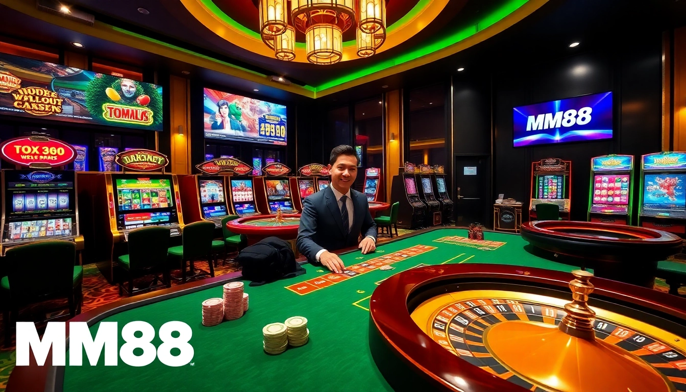 Experience excitement at MM88 online casino with vibrant slot machines and poker tables.