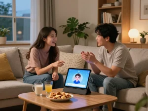 Couple enjoying 18+ AI chat in a cozy living room setting with intimate atmosphere.