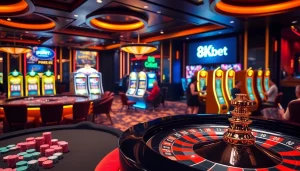 Engage in thrilling gameplay at 8kbet's luxurious casino atmosphere with vibrant roulette wheels and poker tables.