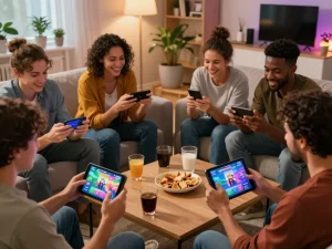 Engaging adults playing mobile porn games together in a cozy living room setting.