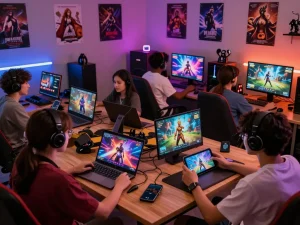Dynamic scene of players enjoying porngames in a lively gaming lounge, showcasing colorful screens and interactive devices.