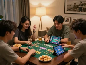 Tài Xỉu Go88 gameplay with friends enjoying online gambling in a cozy living room setting