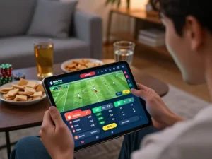 Engaging sports betting moment at Nhà Cái OKFUN showing real-time odds on a tablet in a cozy setting.