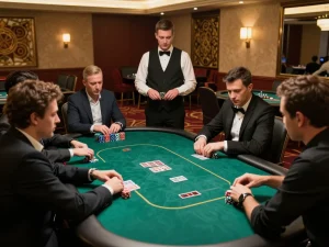 Players placing strategic bets at a sunwin poker table in an upscale casino atmosphere.