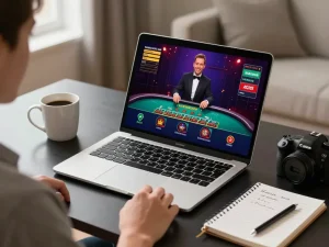 Engaging in live casino gaming on kuwin from a cozy, modern home setup.