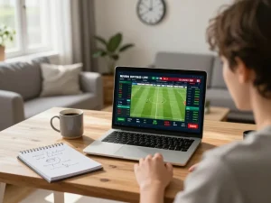 Thrilling moment of KÈO TRỰC TUYẾN as a person focuses on live sports betting odds from home.
