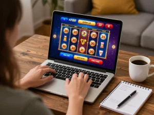 Engaging gameplay using KP88 apk in a cozy home setting with laptop and bankroll notes
