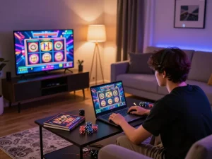 Playing gta togel on a laptop in a cozy living room, showcasing exciting online gambling