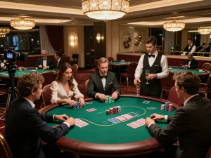 Players enjoying a high-stakes poker game in a VIP room atmosphere at vipwin, showcasing luxury and excitement.