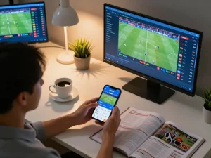 Engaging with okwin app for live sports betting from a modern desk setup.