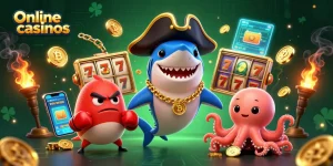 Engage with online casinos in this vibrant 3D illustration featuring a pirate shark and friends.