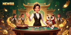 Experience dynamic gaming thrills at NEW88 with charming dealers and vibrant casino elements.