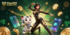 Engage in thrilling gameplay with the Mega888 Original APK, showcasing vibrant casino elements and dynamic characters.