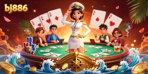 Engage with bj886's thrilling poker scene featuring dynamic games and golden coin waves.