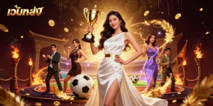 Win big with เว็บตรง in an exhilarating casino scene featuring a trophy and sports betting elements.