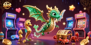 Spin the slot reels while emerald sea dragons guard your treasure in this exciting illustration.