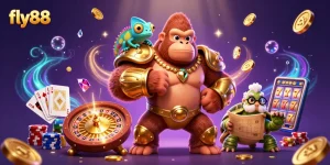 Experience flying coins and thrilling spins with fly88 in this vibrant casino scene full of activity.