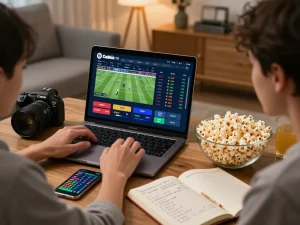 Cakhia TV user engaging with live sports betting from the comfort of home, emphasizing strategic play.