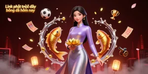 Bet on sports with Link phát trực tiếp bóng đá hôm nay, showcasing an elegant woman and golden koi fish.