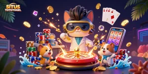 SITUS TOTOTOGEL showcases an exciting scene with 3D cartoon characters amidst a vibrant casino atmosphere.