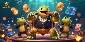 Sukan8a showcases winning slot games with a cartoon turtle mobster surrounded by glowing coins.