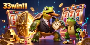 Experience the thrill of 33win11 with a dynamic casino scene featuring animated characters and jackpot elements.