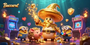 Play Baccarat with the magical golden wizard and treasure-hunting pig in this vibrant casino illustration