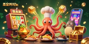 Engage in the excitement of 조이카지노 with this vibrant 3D cartoon illustration showcasing colorful casino games and dynamic characters.