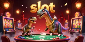 Spin the slot reels in a vibrant casino scene with a brontosaurus and a clever raptor.
