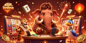 Slot online dengan karakter unik bouncer mamut, tamu VIP, dan penjaga pintu dalam suasana kasino.