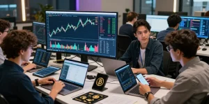Торговая площадка BitMEX с активными трейдерами на фоне цифровых графиков.