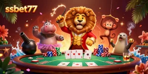 Experience the thrilling games at ssbet77 with vibrant casino characters surrounding poker elements.