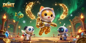 Engage with DEBET in a dynamic casino-themed illustration featuring an astronaut cat and robot dog.