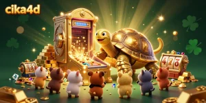 Cika4d players enjoying a thrilling casino atmosphere with slot machines, golden tortoise, and treasures