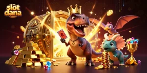 Visualisasi animasi slot dana dengan karakter lucu dalam kasino, memperlihatkan tumpukan chip emas.
