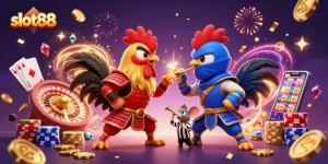 Slot88 menampilkan duel karate ayam dengan efek visual gemerlap dan dinamis dalam latar kasino.
