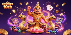 Experience the thrill of slot depo 10rb with vibrant casino elements flowing around guardians.