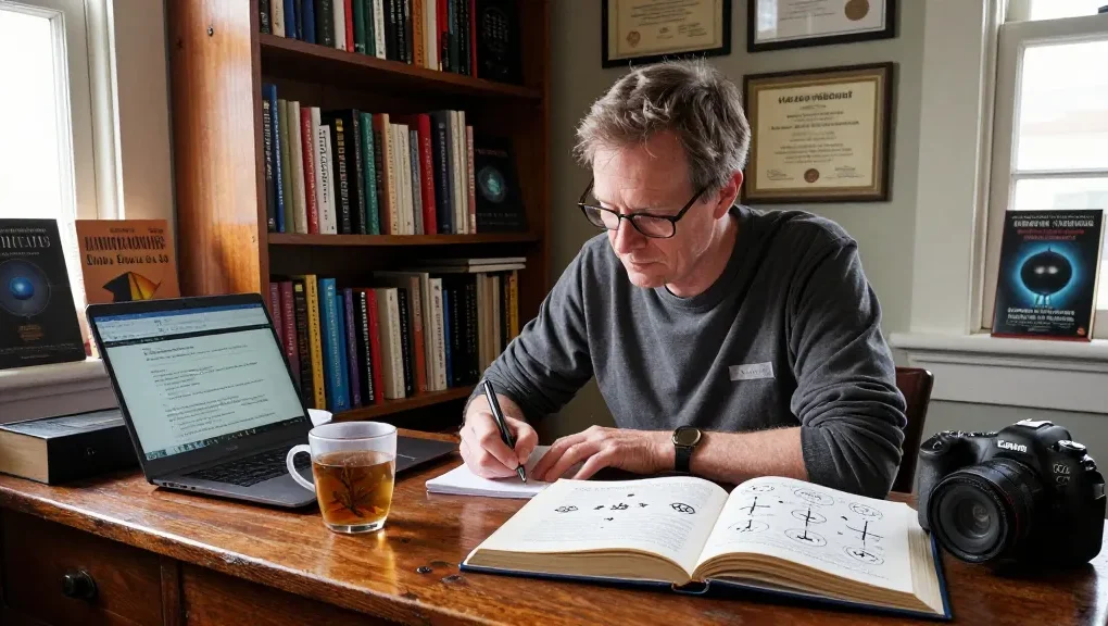 T. Allen Greenfield writing about spirituality and UFOs at https://tallengreenfield.com in a warm, inviting reading nook.