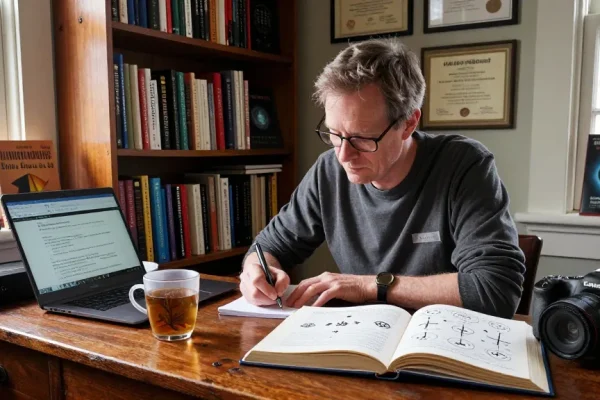 T. Allen Greenfield writing about spirituality and UFOs at https://tallengreenfield.com in a warm, inviting reading nook.